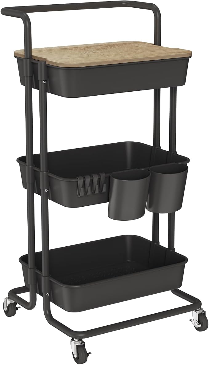 DTK 3 Tier Rolling Cart Uility Cart with Cover Board, Mobile Storage Cart with Wheels, Cups, Hooks for Office Utility Kitchen Bathroom Homeschool Art Craft Postpartum Teacher Cart Organizer(Black) by DTK