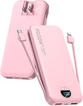 citicr Portable Charger 10000mAh PD20W w/Built-in Cables & Wall Plug Pink | Fast charging, Built-in wall plug, LED display, Charge 5 devices at once, Pass through charging, TSA approved, Pocket size by CITICR