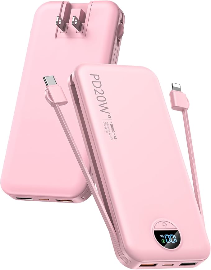 citicr Portable Charger 10000mAh PD20W w/Built-in Cables & Wall Plug Pink | Fast charging, Built-in wall plug, LED display, Charge 5 devices at once, Pass through charging, TSA approved, Pocket size by CITICR