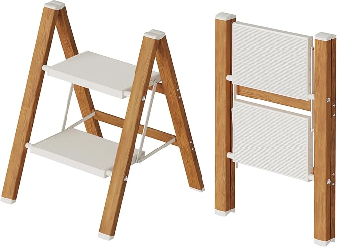 Mayi Plus 2 Step Stool Foldable, Aluminum, Lightweight Step Ladder | Extra-wide anti-slip folding steps with 330 lbs, for home,kitchen,office,outdoor,White & Woodgrain by MAYIPLUS