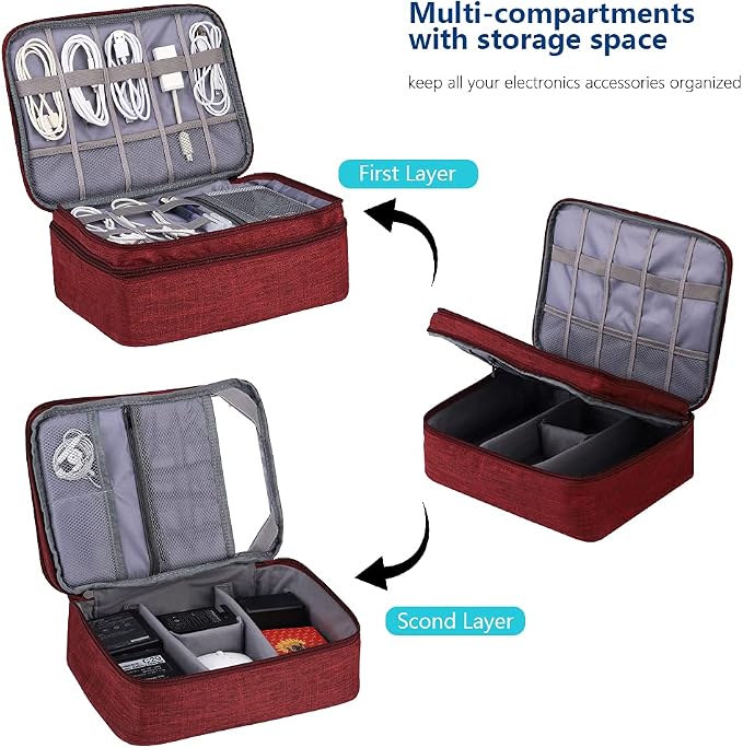 Travel Electronics Organizer, Waterproof Cable Organizer Bag for Electronic Accessories Double Layer Large Shockproof Cable Storage Bag for Cord, Power Bank, Tablet(Up to iPad 11 inch) - Wine Red - Image 3