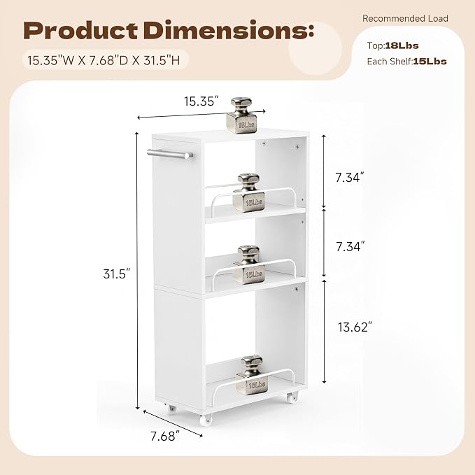 7.7'' Slim Rolling Storage Cart 4 Tier Wood Utility Cart Spice Rack Kitchen | Slide Out Narrow Rolling Cart with Adjustable Shelves,with Handle for Kitchen Laundry Bathroom Small Space - Image 3