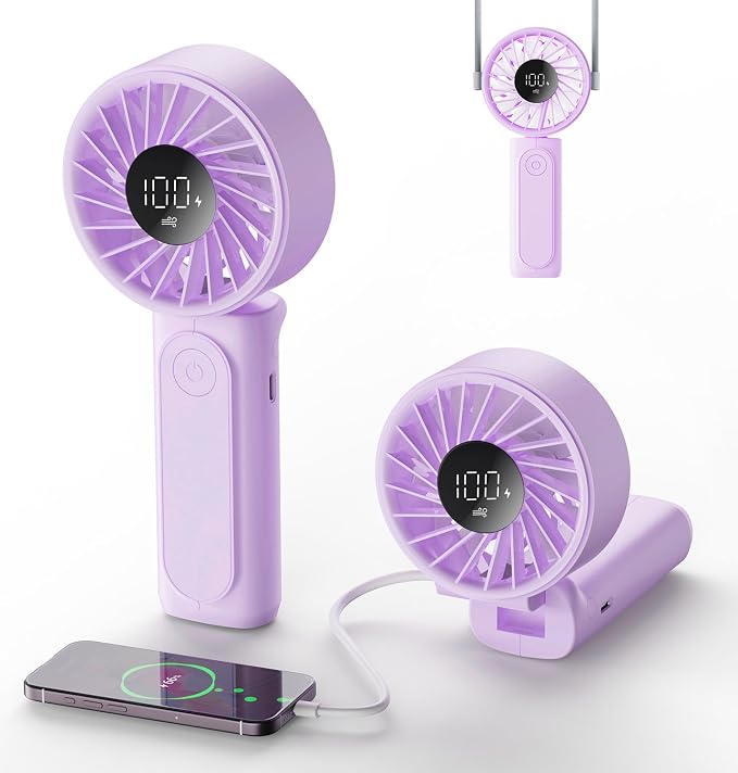 Peiyuu Portable Fan, 4000mAh USB Rechargeable, 180° Foldable Mini Desk Fan, 6 Wind Speed, LCD Digital Display, Lanyard as Neck Fan, Ultra Quiet, Pocket Size for Indoor Outdoor by Peiyuu