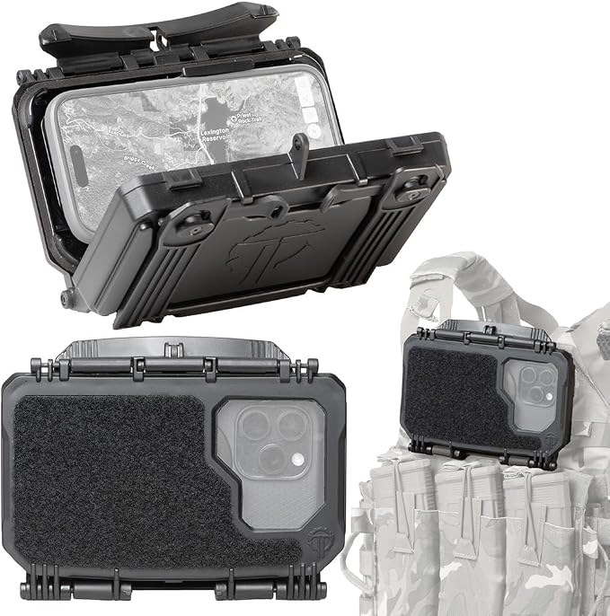 Thyrm DarkVault 2.0 Comms Critical Gear Case with Smartphone Mount|Lrg Blk | For iPhone, Samsung and Google phones, Integrated Phone Clamp + Viewing Window, Velcro Patch Panels, For MOLLE, Made in USA by Thyrm