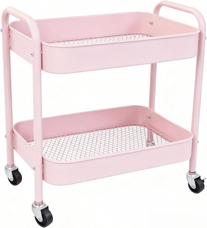 Pink 2 Tier Rolling Cart Metal with Wheels Under Desk Storage Cart for Small Space Organization, Small Trolley for Pantry Room Laundry Bathroom Kitchen Office Art Snack Baby Supplies by Ufriandz