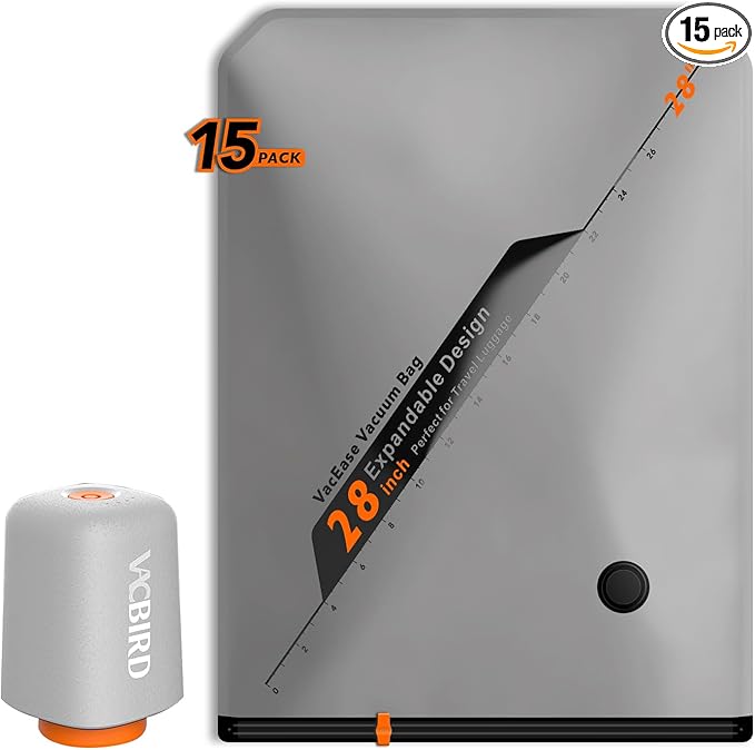 Rechargeable Wireless Pump Travel Storage Bags Set - 15 Pack Large Size Vacuum Bags for Travel & Home, Space-Saving Compression Packing for Clothes, Blankets & Bedding by Vacbird