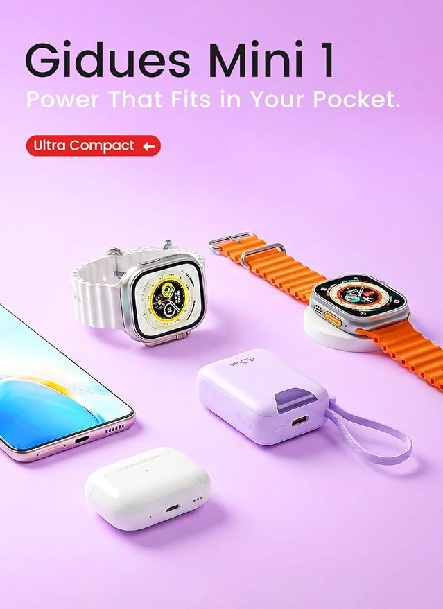 M1 Mini Portable Charger, 10000mAh Ultra-Compact Power Bank, 22.5W PD Fast Charging, Tpye-C Built-in Cable, Small External Battery Pack for iPhone, Samsung, Android iPad (Purple) - Image 3