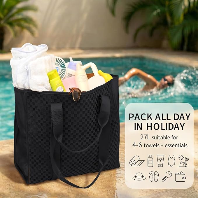 MOMINSIDE Beach Bags for Women Mesh Beach Bag - Large Grocery & Beach Tote Bag with Zipper, 2 Insulated Pocket, Hat & Towel Clips, Foldable Swim Bag Pool bag for Toys, Towels & Vacation Essentials - Image 6