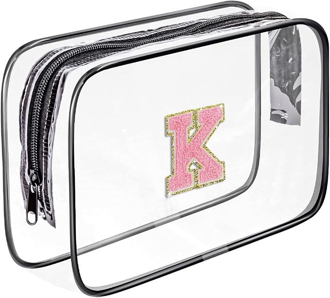 Clear Toiletry Bag,Portable Travel Toiletry Bag,Chenille Letter Cosmetic Bag with Zipper,Waterproof Makeup Bag,Cosmetic Storage Organizer for Women Men,Travel Essentials (Black,K) by Fodofodo