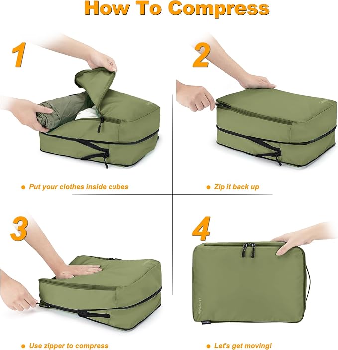 Compression Packing Cubes, Lumesner 8 Set Travel Packing Cubes for Carry on Suitcases, Compression Suitcase Organizers Bag Set & Travel Cubes (Army green, 8-piece) - Image 4