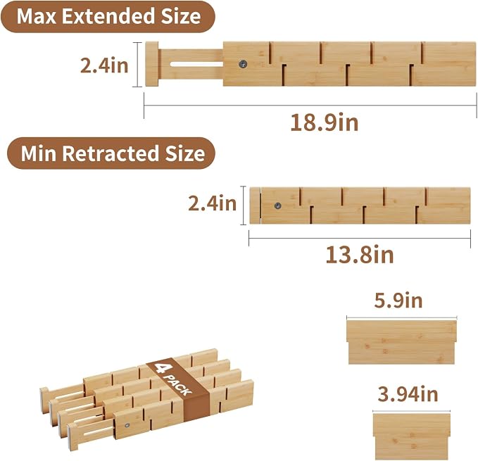 Bamboo Drawer Dividers 4 Pack with Inserts, Kitchen Adjustable Drawer Organizers for Home, Bedroom, Dresser, Expandable Organization 4 Dividers with 8 Inserts - Image 3