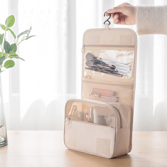 Hanging Toiletry Bag for Women, Travel Size Toiletries bags with Hook, Travel Makeup Bag for Cosmetic Storage Organizer Beige - Image 4