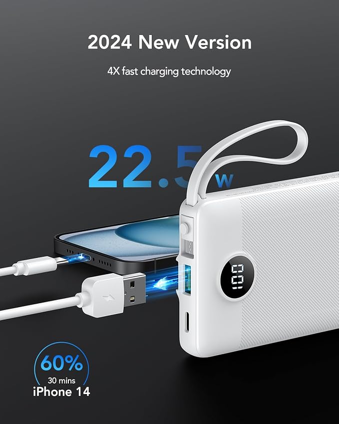 VRURC Power Bank for iPhone, 22.5W Portable Charger with Built-in Cables | 10000mAh USB C In & Out Cord Portable Phone Charger,Slim Lightweight Charging Bank Travel Essentail-White(1 Pack) - Image 2
