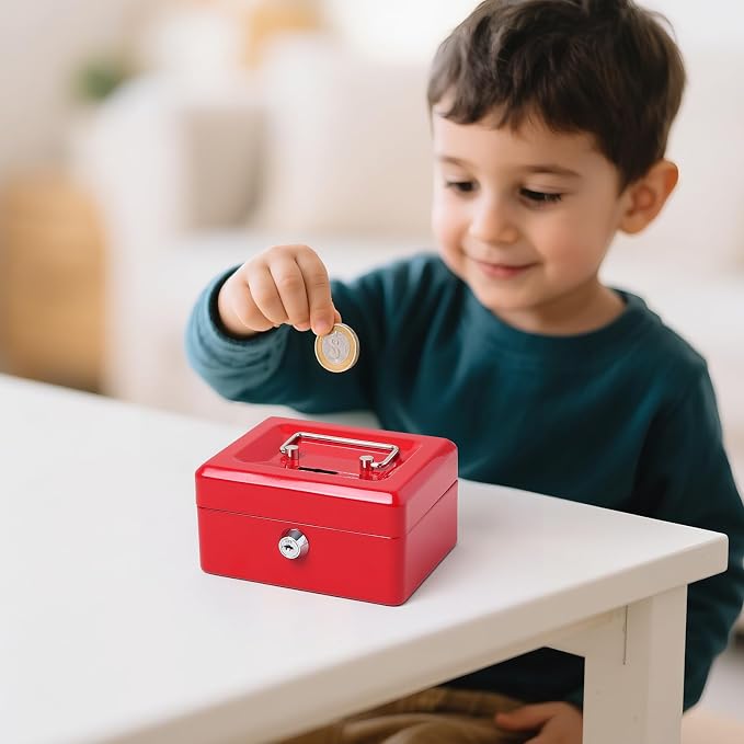 Jssmst Small Lock Cash Box, Locking Money Box for Kids with Slot on Top, Red Lock Box, 5.91 x 4.72 x 2.95 inches, CB003-R - Image 8