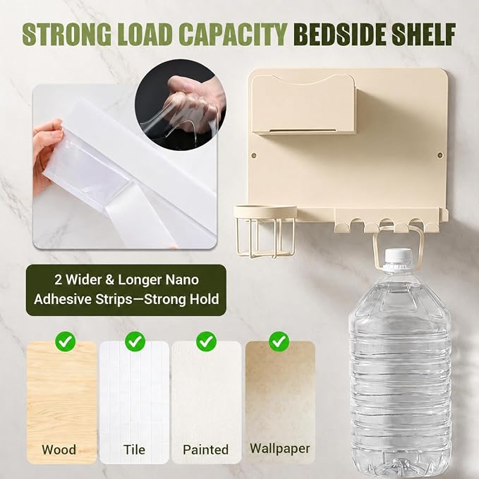 Floating Bedside Wall Shelf, Metal Wall Organizer with Detachable Cup Holde | No Drill Floating Wall Mounted Storage for Bedroom, Dorm, Loft Bed, Bunk Bed & Small Space Organization - Image 3