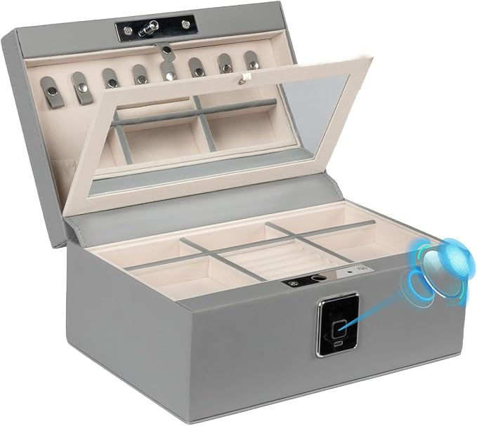Jewelry Safe, Biometric Fingerprint Safe, Leather Wrapped Jewelry Box with Lock & Mirror, Ultra-Lightweight Jewelry Box Suitable for Home Use & On-the-Go(Three-Tier Gray) by SecureYourWorld