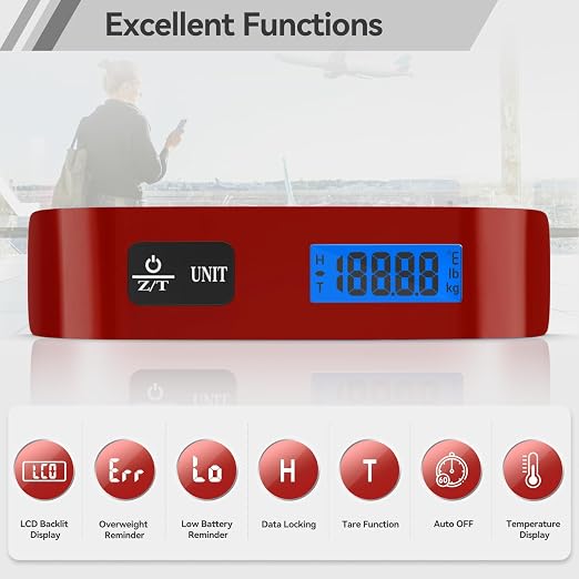 Luggage Scale, Dr.meter Luggage Weight Scale Backlight LCD Display PS02 110lb/50kg Electronic Balance Digital Postal Travel Accessories with Rubber Paint Handle Temperature Sensor, Red | 110lb/50kg Electronic Balance Digital Postal Travel Accessories w... - Image 2