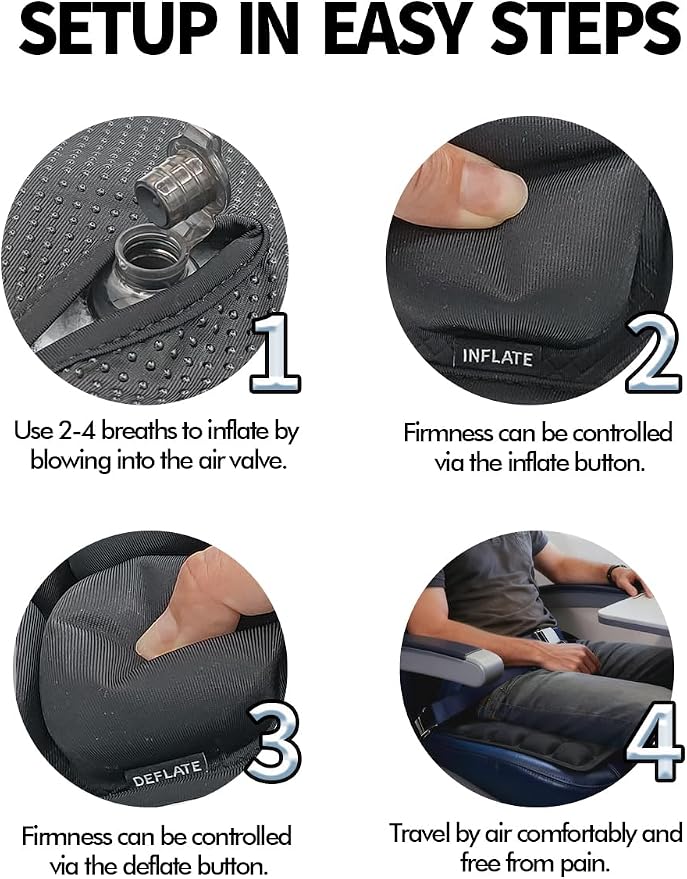 Soundur Travel Cushion Airplane Seat,Inflatable Air Bubble Design with Storage Bag for Car/Office/Kitchen Chairs.42 Air Cells, Adjustable Firmness, Non-Slip Bottom - Image 7