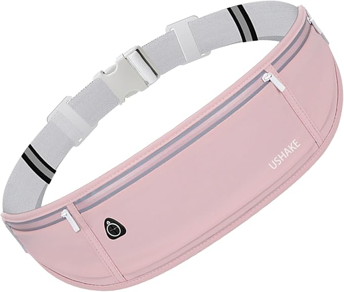 USHAKE Slim Running Belt, Workout Fanny Pack for Men Women,Exercise Waist Pack for Apple iPhone Holder, Runner Belt for Running Walking Cycling Camping Gym Light Pink by USHAKE