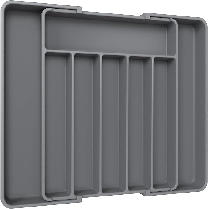 Aujen Silverware Drawer Organizer, Adjustable Utensil Cutlery Tray | Expandable Kitchen Organizer for Forks Knives, Multipurpose Kitchen Storage, Apartment Essentials, Grey, Large by AUJEN
