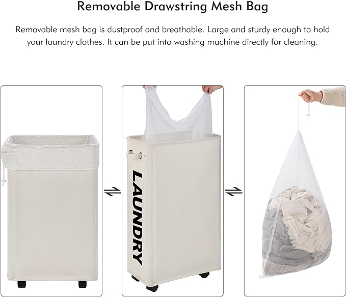 DOKEHOM 29" Enlarged Slim Rolling Laundry Basket Hamper on Wheels, Beige | Collapsible tall laundry hamper with removable mesh wash bag. Foldable narrow corner clothes storage bin for small spaces - Image 6