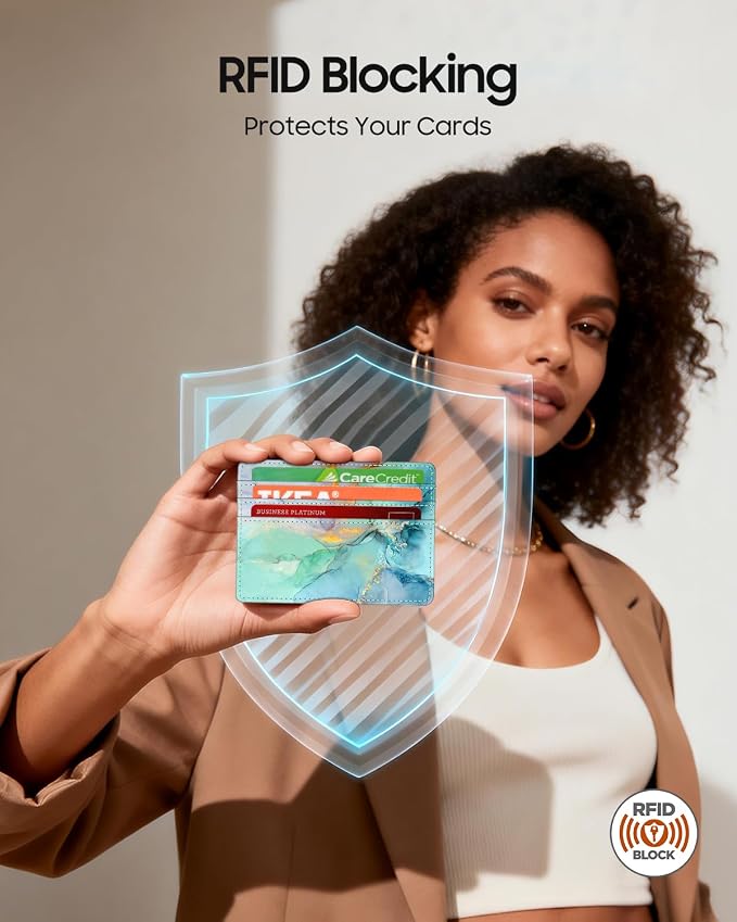 FINTIE Slim Minimalist Front Pocket Wallet RFID Blocking Credit Card Holder | Card Cases with ID Window for Men Women, emerald marble - Image 3