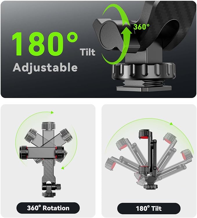 Phone Tripod Mount, Universal Smartphone Holder with 2 Cold Shoe Mount Adapter and 1/4" Standard Screw Thread, 360°Rotation & 180°Tilt Phone Clamp Compatible with iPhone & Android for Photography - Image 4