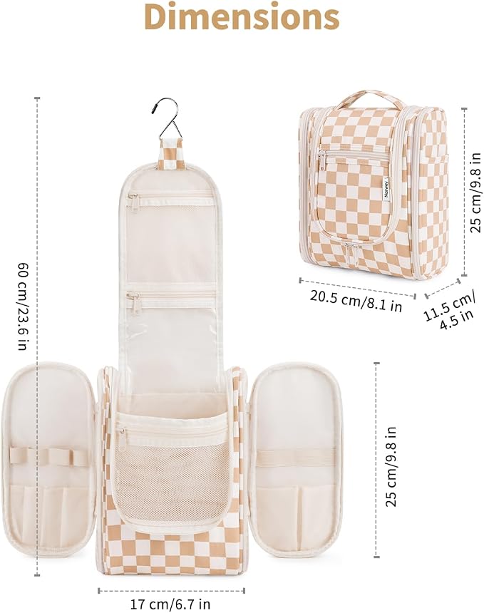 Narwey Small Checkered Hanging Travel Toiletry Bag for Women, Travel Bag for Toiletries, Makeup Bag Organizer Cosmetic Bags Make Up Bags for Women (Light Checkerboard) - Image 5