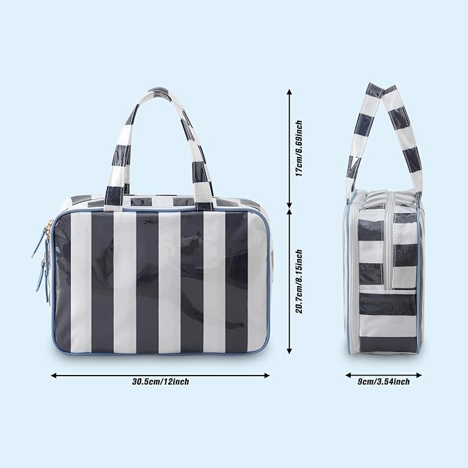 Toiletry Bag for Women, White and Navy Stripe | Clear Coated,Waterproof,Multiple Compartment,Open Flat,Handle,Travel Organizer for Shampoo,Conditioner,Cosmetic Accessories - Image 4