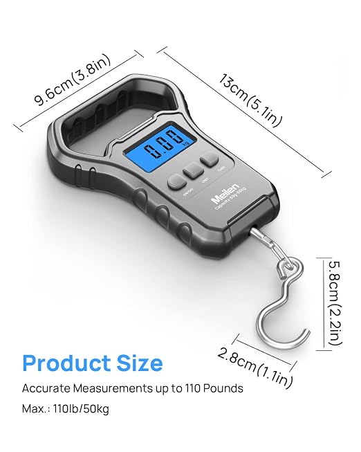 Meilen Fishing Scale,110lb/50kg Hanging Luggage Weigh Scale Unit with Backlit LCD Display, Suitcase Luggage Weigh Divice with Large Handle, Digital Postal Unit Fishing Gifts for Men - Image 5