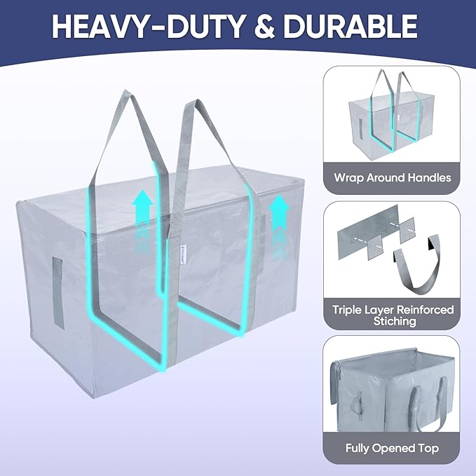 TICONN 6 Pack Extra Large Moving Bags Heavy Duty with Zippers & Carrying Handles, Durable Storage Bags Moving Boxes for Closet Organizers and Storage (6 Pack, Light Grey) - Image 3
