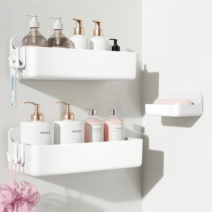 Nieifi Adhesive Shower Shelves, White, 3 Pieces | Rustproof ABS, Large Capacity, Removable Design, Easy-Clean, No Drilling Shower Organizer for Bathroom Storage & Home Decor by Nieifi