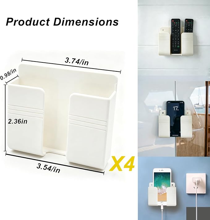 4 Pack Wall Mount Adhesive Storage Holder, No Drill Self Adhesive Wall Organizer, 3.54" x 2.87" Plastic Wall Mount Phone Remote Control Holder for Home, Office, Bathroom,Motorhome - Image 2