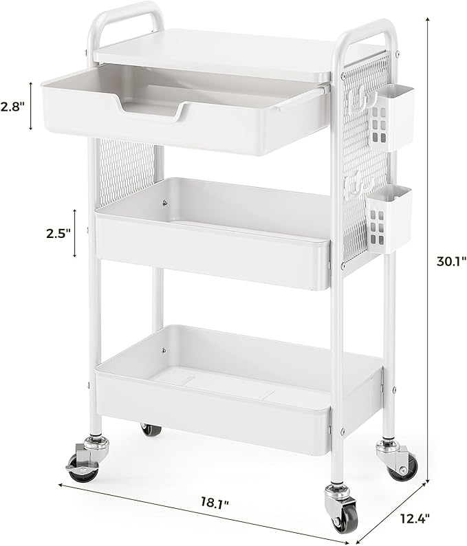 KINGBOARD 3 Tier Metal Rolling Cart with Drawer, White Utility Storage Cart | 2 Cups & 4 Hooks, Lockable Wheels, Trolley Organizer for Bathroom, Kitchen, Office, Nursery, Dorm, Laundry, Craft Room - Image 9