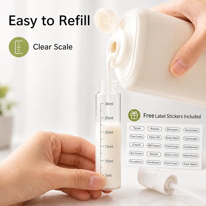 4-in-1 Detachable Travel Dispenser Bottles Set Foldable Pump Leak-Proof, Carry-On Compliant 30ml/1OZ Refillable Containers for Shampoo Lotion Body Wash with Protective Case - Image 7