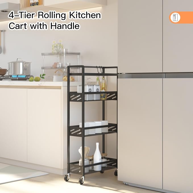 DGSNADGO Slim Rolling Storage Cart, 4-Tier Narrow Kitchen Cart with Wheels | Skinny Rolling Cart, Metal Mobile Snack Shelving, Rolling Spice Rack for Small Space in Kitchen, Living Room,Bathroom, Black - Image 2