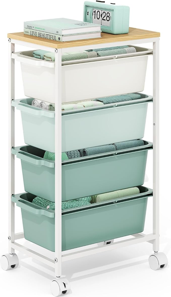 KINGBOARD Slim Rolling Cart with 4 Drawers, Metal Utility Storage Cart | Wooden Tabletop, Lockable Wheels, Table Side Trolley for Bedroom, Children's Room and Office Organization, Green by KINGBOARD