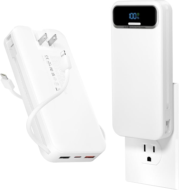 aonidi Portable Charger 20000mAh with Built-in Cables&AC Wall Plug, White | PD20W Fast Charging,Travel Essential,TSA Approved,LED Display,All in One USB C Power Bank for All Cell Phones Devices by AONIDI