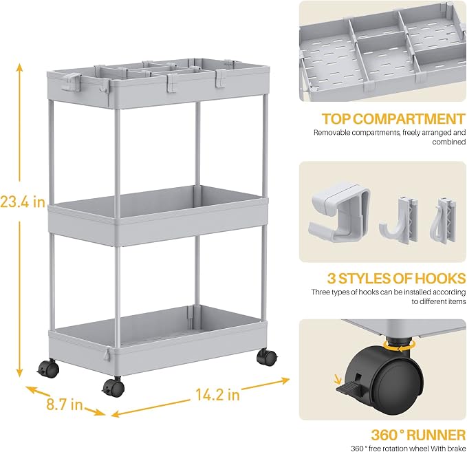 3 Tier Rolling Cart with Wheels, Storage Craft Art Trolley Organizer Serving, 3 Hanging Baskets Easy Assembly, for Office, Living Room, Kitchen, Gray - Image 3