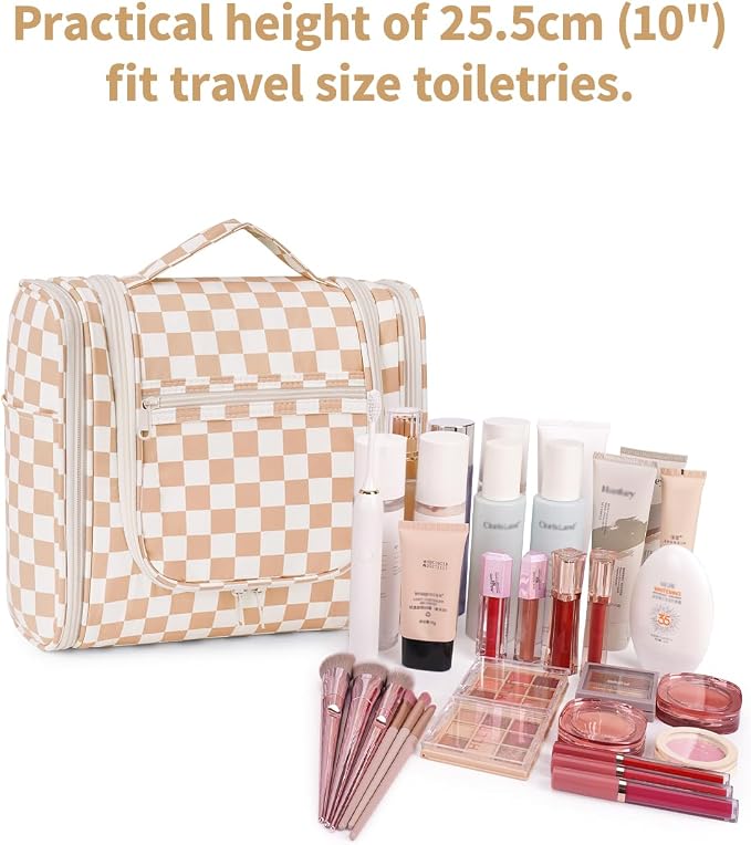 Narwey Checked Hanging Travel Toiletry Bag for Women, Travel Bag for Toiletries, Makeup Bag Organizer Cosmetic Bags Make Up Bags for Women (Light Checkerboard) - Image 4