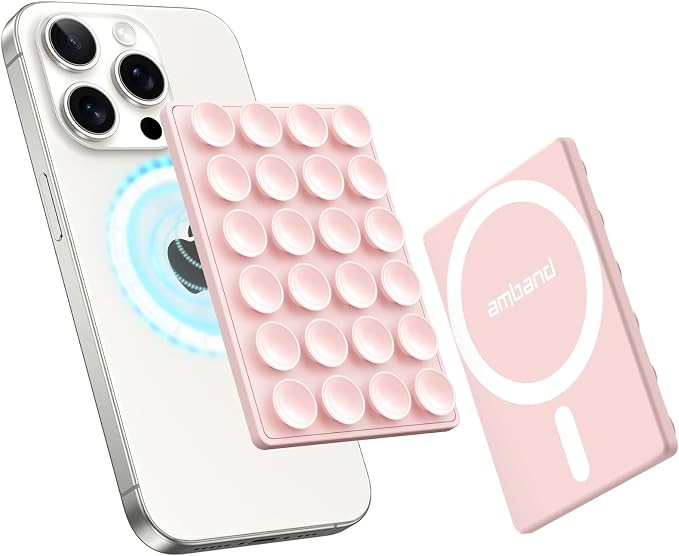 amBand Magnetic Suction Phone Mount for MagSafe Case, Silicone Octo Cup Buddy Sticky Grip Holder for iPhone, Removable Hands-Free Selfie/Video for TikTok Influencers, Women Gift, Light Pink by amBand