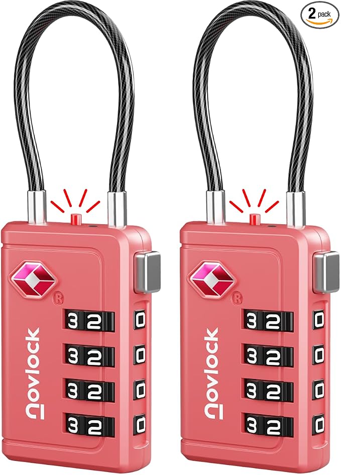 TSA Approved Luggage Locks, Travel Locks with Inspection Indicator | TSA008, Easy to Read Dials, 4 Digit Combination, Flexible Steel Cable, for Suitcases, Backpacks, Bags, 2-Pack, Pink by Unknown