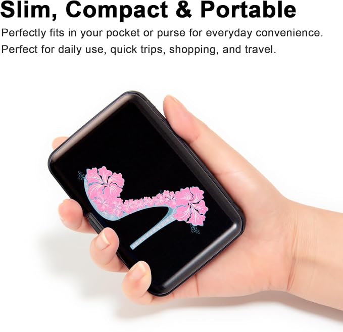 Credit Card Holder, Metal Card Wallet RFID Blocking Mini Slim Aluminum Business Hard Card Case for Women Men (Flower High Heels) - Image 2