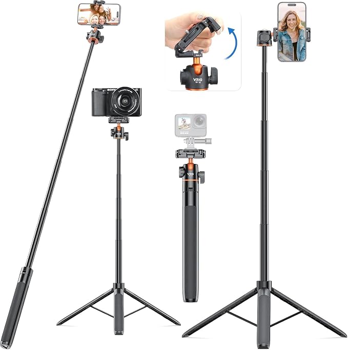 VRIG TP16 Camera Tripod, 55" Extendable Phone Selfie Stick Camera Tripod Stand with 2 in 1 Phone Clip, 5 Levels Adjustment 360° Ball Head Loads Up for DJI OSMO Pocket 4/3 Insta360 X5 iPhone Sony Canon by VRIGSelect