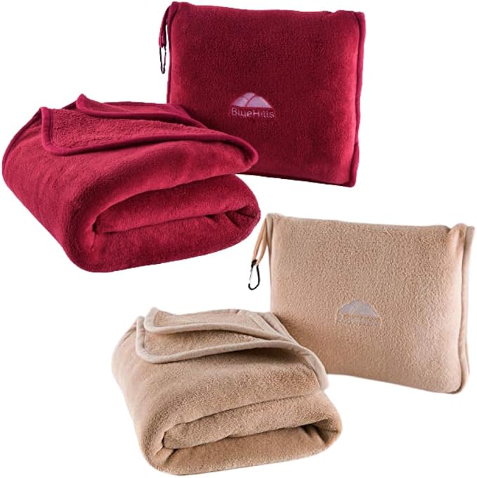 BlueHills Travel Blanket Pillows for Two Airplane Traveling Essentials Flight Throws in Bag case with Backpack Clip Compact Large Plane Accessories – Red and Beige by BlueHills