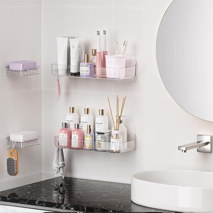 Crystal-Clear Shower Caddy with Soap Dish & Adhesive Pads, 2 Pack | Acrylic Wall Mounted Shower Shelves for Bathroom Organizers and Storage, No Drill for Bathroom Decor - Image 4