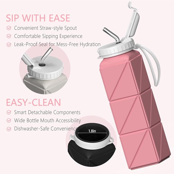 BEAUTAIL Collapsible Water Bottles with Straw 21 oz, Travel Water Bottle | BPA Free, Leakproof & Reusable, Silicone Foldable Water Bottle for Traveling, Hiking, School, Sports, Outdoor, 1-Pack, Pink - Image 6