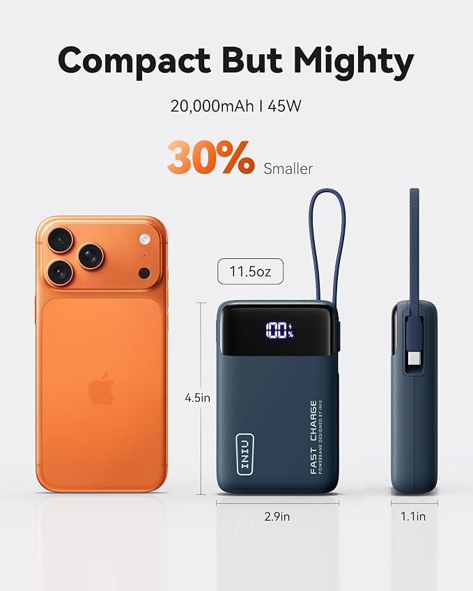 INIU 20000mAh Portable Charger, Smaller 45W Fast Charging Travel Power Bank | Flight-Safe, Built in USB-C Cable, Travel Essential, Battery Phone Pack for iPhone 17 16 Pro, Samsung S26, iPad etc, Blue - Image 3