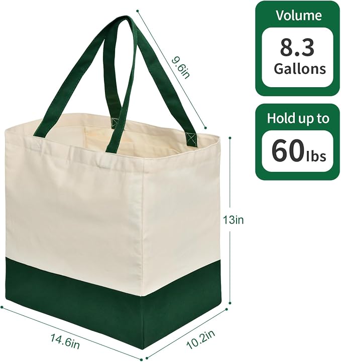 3 Pcs Reusable Grocery Bags - Heavy Duty Canvas Bag, 8.3 gal Foldable Large Canvas Tote Bag with Handles, Holds 60 lbs Tote Shopping Bags,100% Cotton（Retro Green） - Image 5