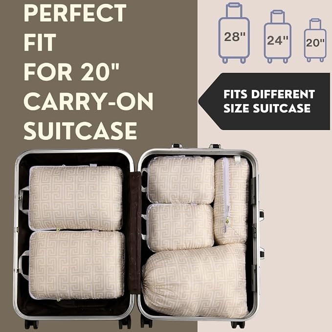 Compression Packing Cubes for Travel 6PC Set - Suitcase Organizer & Space Saver Bags for Carry On Luggage with Drawstring Backpack Beige Boho - Image 2